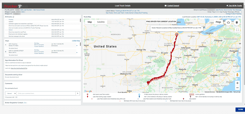 The map view of a truck route with a detailed log and chatting possibility from an integrated service available directly through the Transportation Management System
