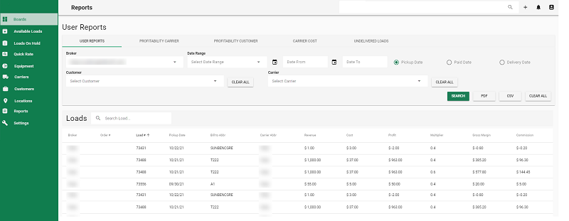 User report example with financial KPIs for a certain broker available directly in the transportation management system