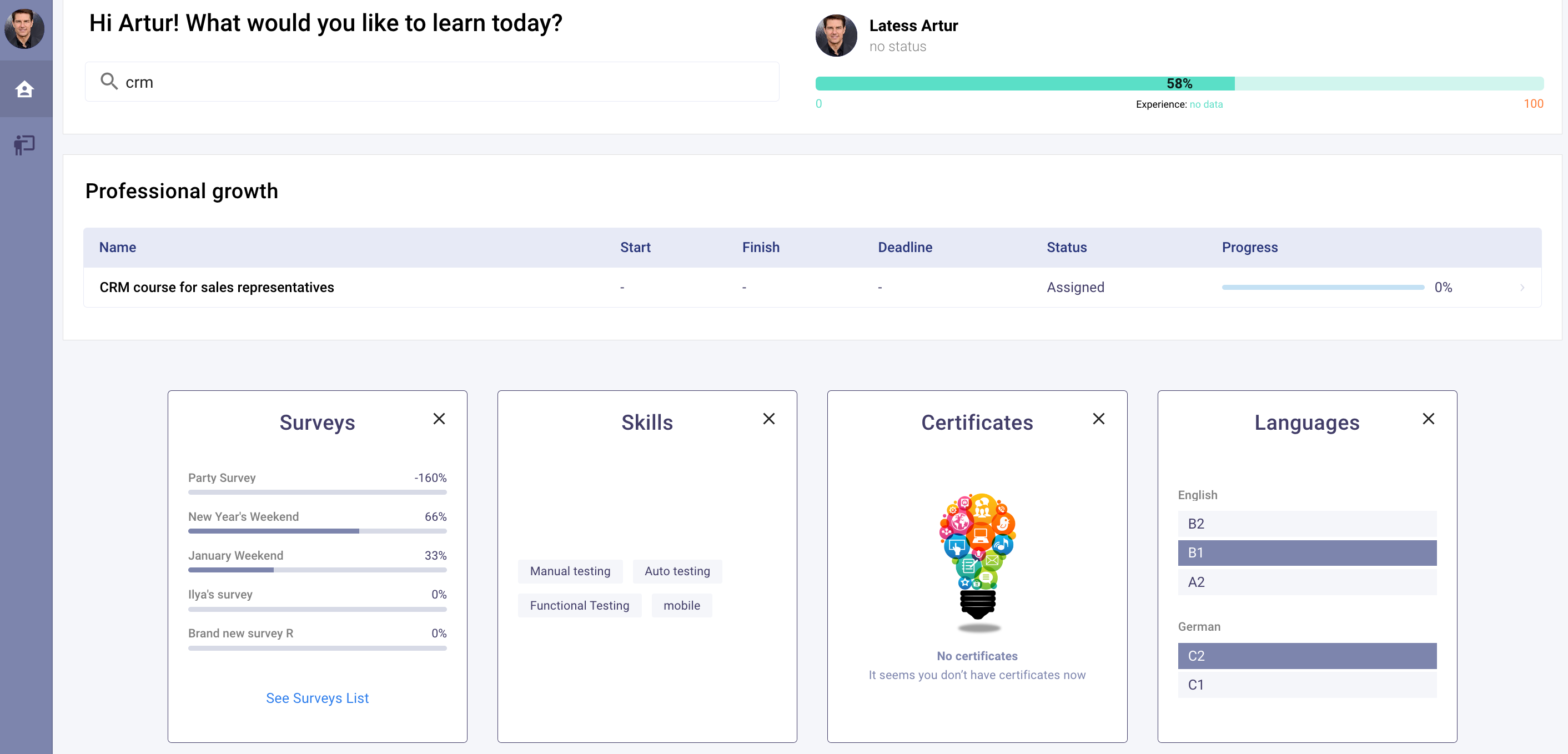 An example of an employee dashboard with information about mastered skills, current learning paths, and experience level. Based on the revealed skill gap (58% out of 100% expertise) we see a CRM course assigned by the head of the department for closing the skills gap