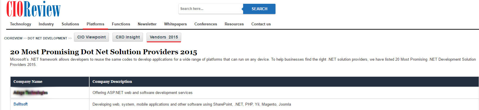 Belitsoft Is Featured Among 20 Most Promising .NET Development Solution Providers by CIOReview