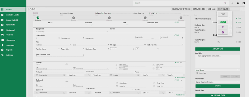 On the right top corner of the dashboard of the transportation management system, you can see a tab with integrated third-party services and a Post button that automatically posts an order request