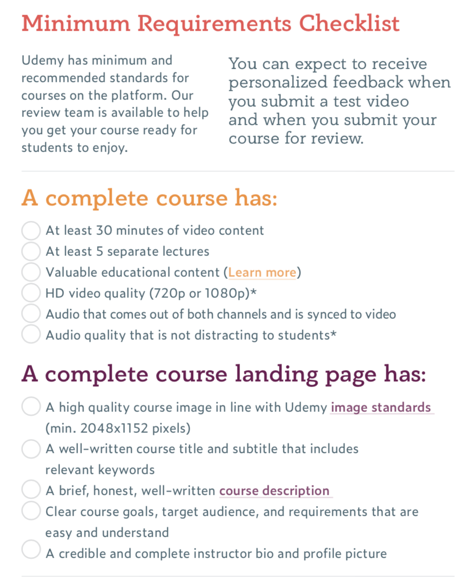 Udemy course quality checklist