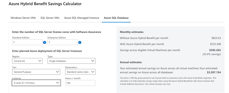 For a 4-core Azure SQL Database with Standard Edition, for example, Azure Hybrid Benefit can save you about $292per month, which adds up to $3,507 in savings over a year
