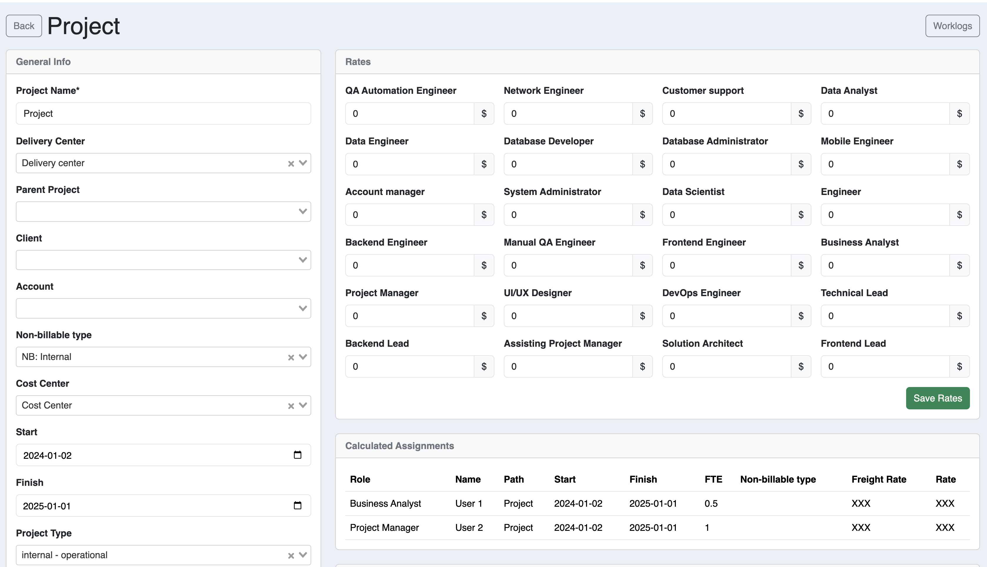 This screen includes key project details: Delivery Manager, parent project (if any), client, account, project type, and start/end dates. Additional fields like budget are filled in as information becomes available