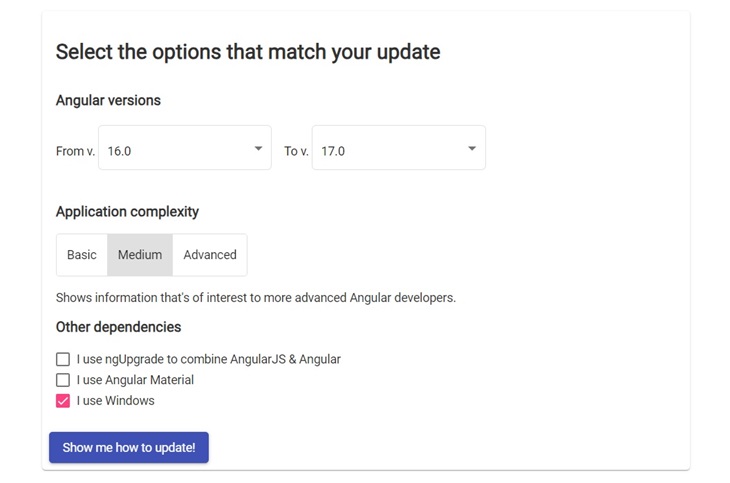 Screenshot showing Angular Update Guide