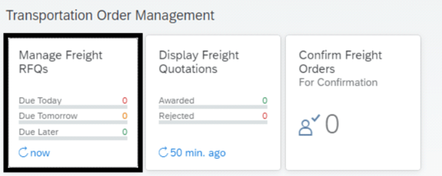 TMS dashboard for transportation order management, displaying actionable items for freight RFQs and quotations