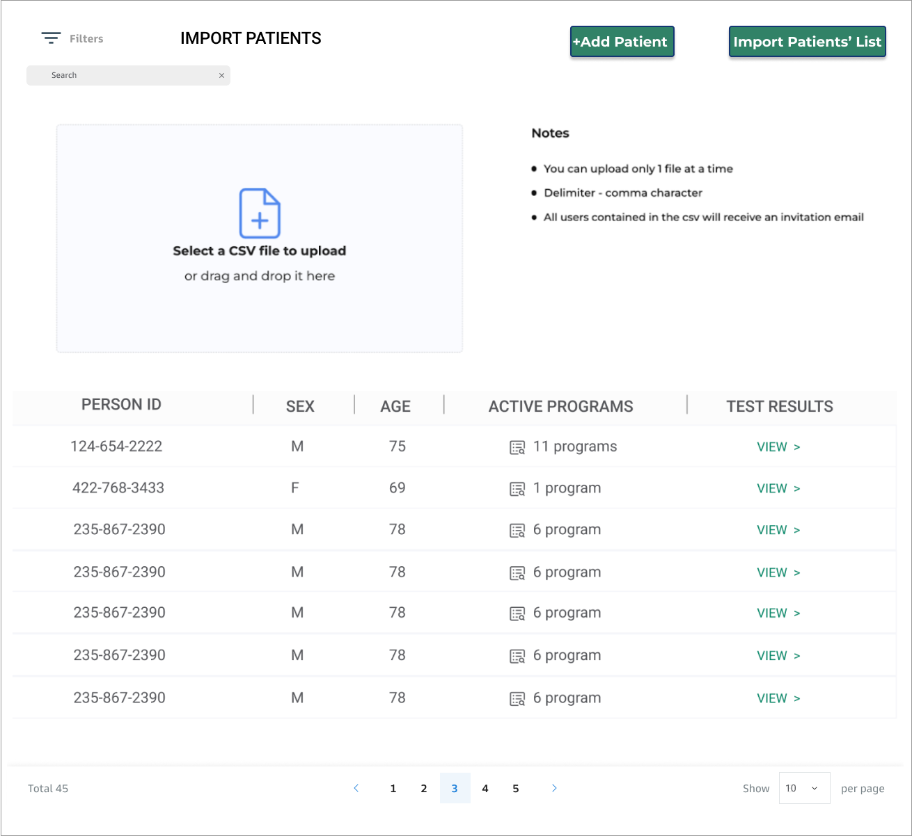 The dashboard where a case manager can import new patients by lists or individually