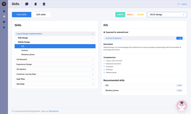 The dashboard shows what set of skills a Junior designer needs to master. When the employee opens a skill, for example, IOS, they can see which competencies it requires. Only after mastering these competencies, an employee will close a skill gap in Mobile Design and can claim to be promoted