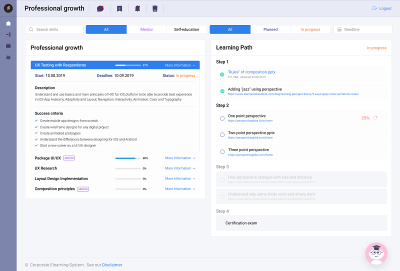 A dashboard with a personal learning path for employees’ professional growth