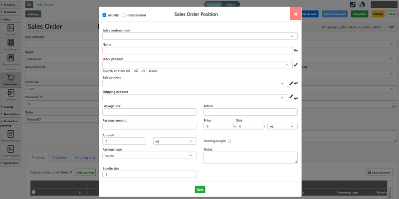 The dashboard shows the process of creating a new sales order
