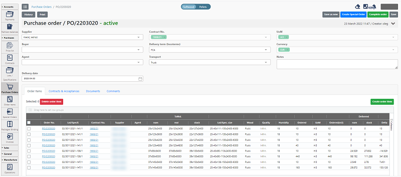 The dashboard in Purchase Module with details of a supply order