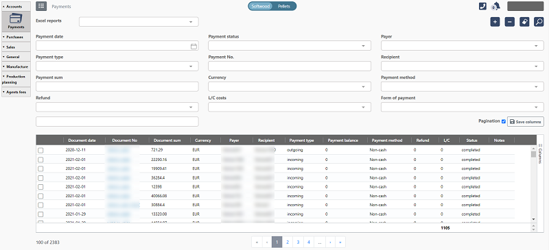The dashboard shows payment history for a single customer with issued invoices and debts