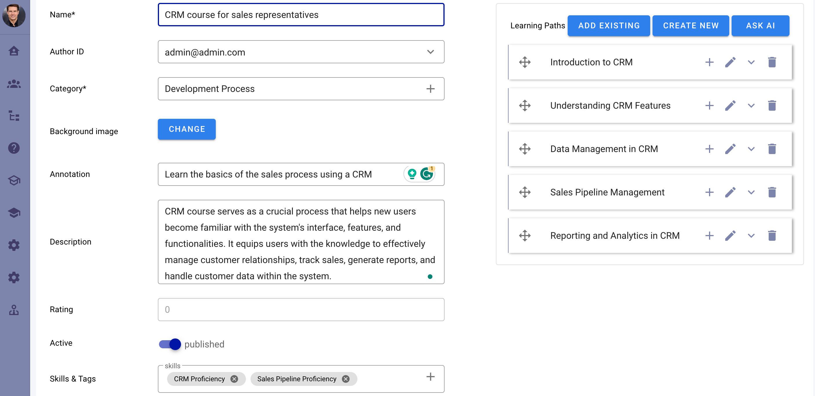 An admin dashboard where a head of the department assigns a quiz to an employee for assessing certain skills that the current employee's job role of sales representative requires