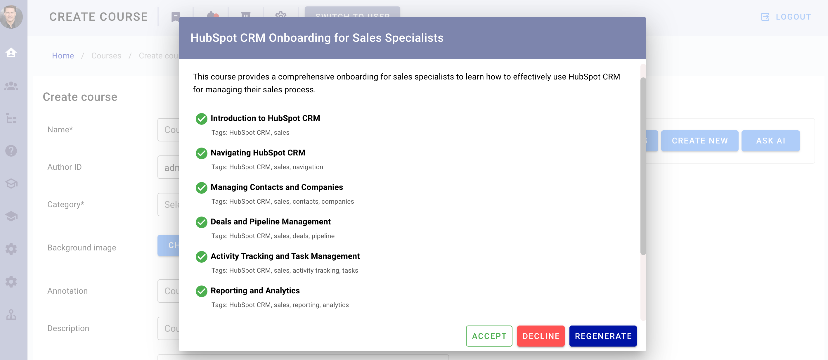 An example of a course outline generated by Artificial Intelligence integrated into talent management software, with the possibility of customizing each content chunk manually